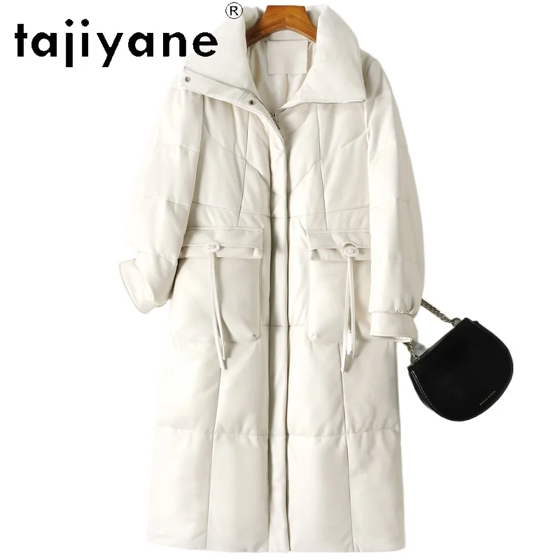 TAJIYANE 100% Skóra Owcza Pierwszej Warstwy Kurtka z Białego Puchu Gęsiego Damska Długa Kurtka Puchowa z Naturalnej Skóry 2025 Zimowe Ubrania Damskie