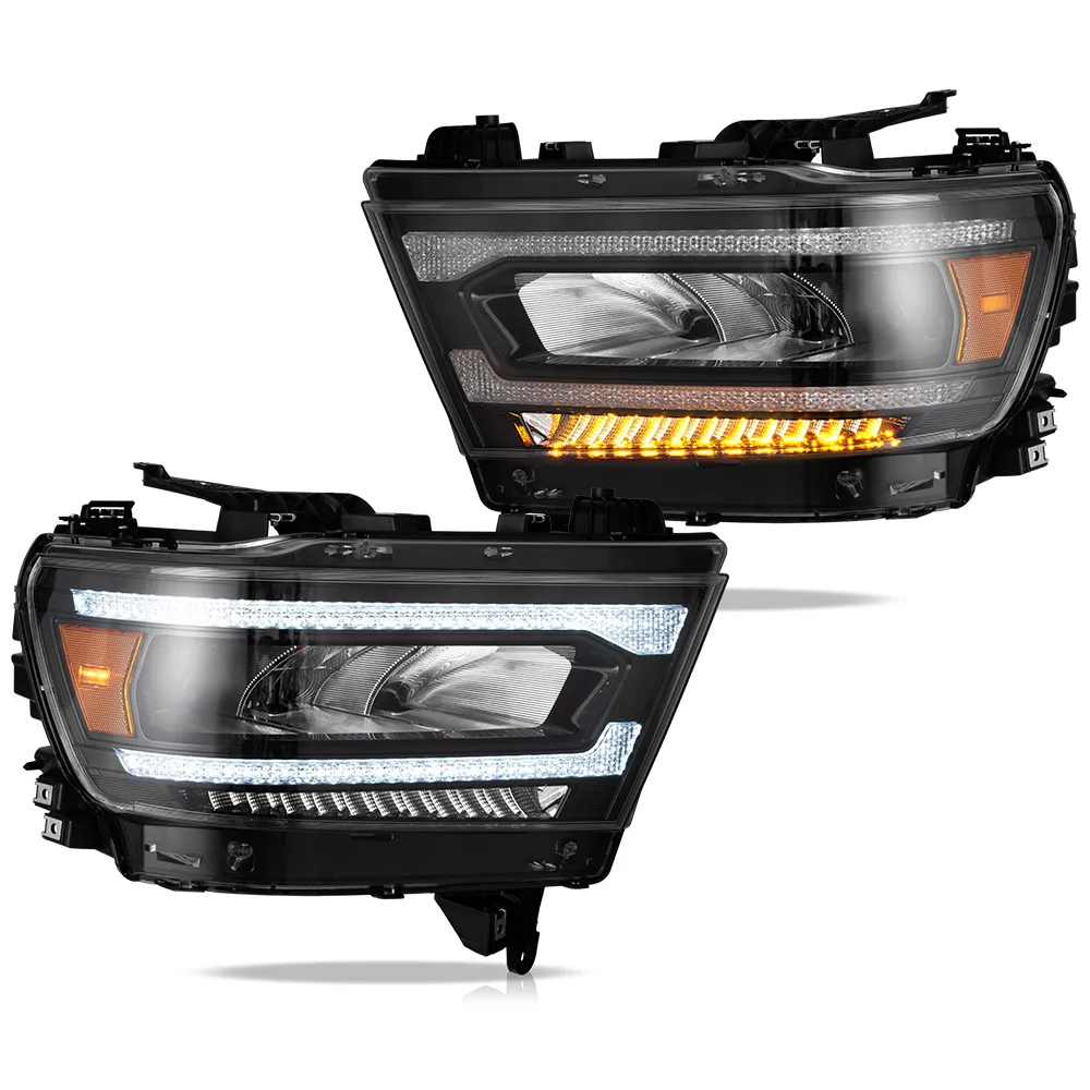 Volledige LED koplampen voor Dodge Ram 1500 5e generatie DT 2019-2024, inclusief reflector, sequentiële knipperlichten, chromen behuizing, 2 stuks