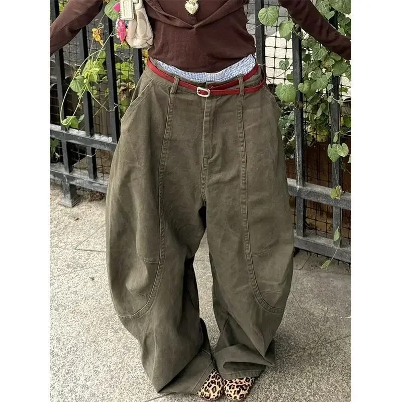 Women Streetwear Vintage Cargo Harajuku Parachute Jeans Wide Leg American Retro Denim Pants 2000s Trousers Clothes