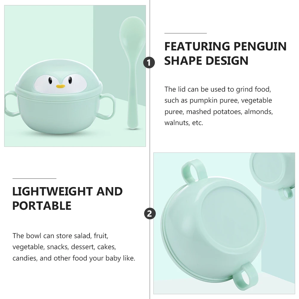 

2 Sets Children's Tableware Insulation Bowl Penguin Shape Stainless Steel Double Handle Baby Bowls