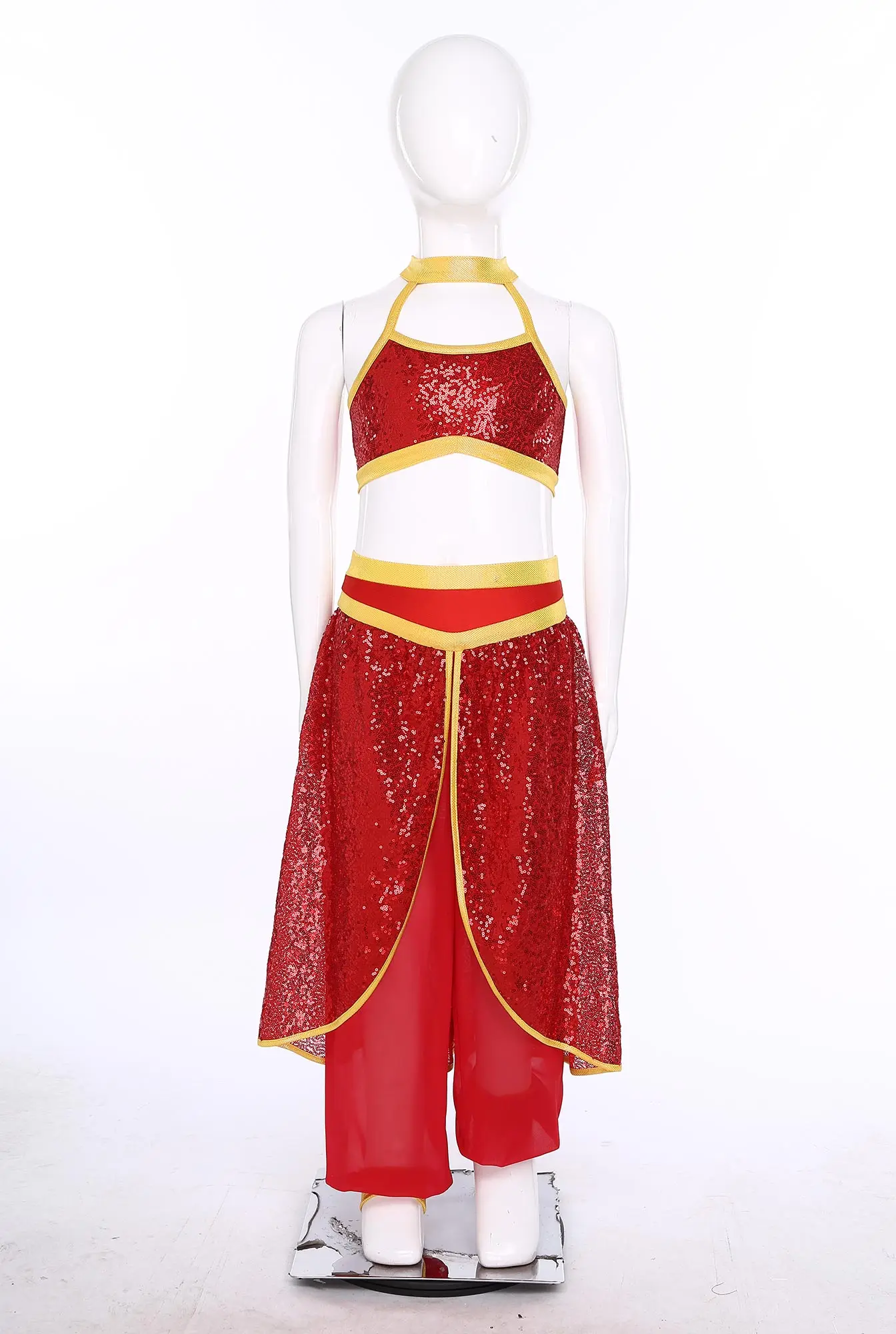Girls Princess Belly Dance Outfit Sequin Sleeveless Crop Top with Overlay Pants Set Halloween Indian Dance Performance Dresses