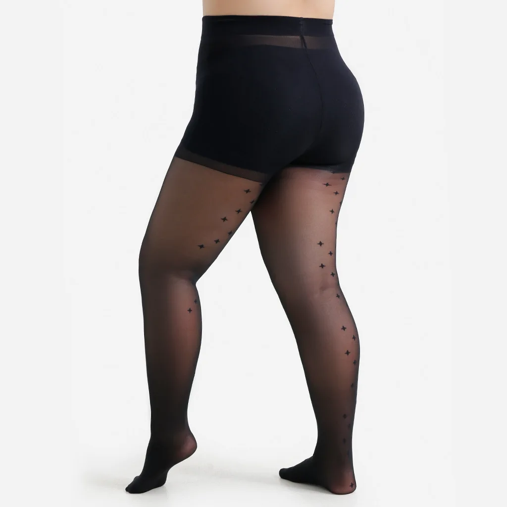 Damen Übergröße 4XL 20 Denier Schwarze Strumpfhose mit Sternenmuster auf der Rückseite Transparente Strumpfhose mit Formgebendem Bund – Detail 7