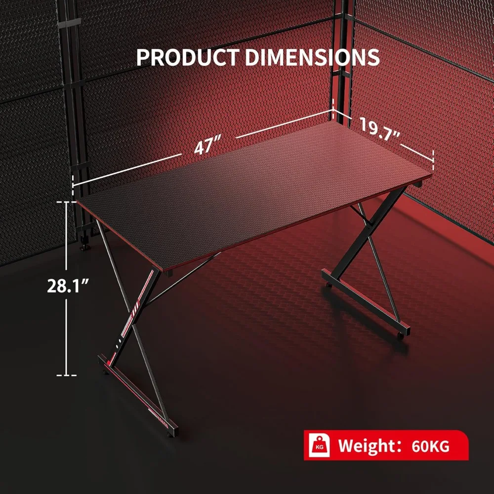 47-Inch Carbon Fiber Gaming Desk with Headphone Hook, Sturdy Steel Frame for Home Office