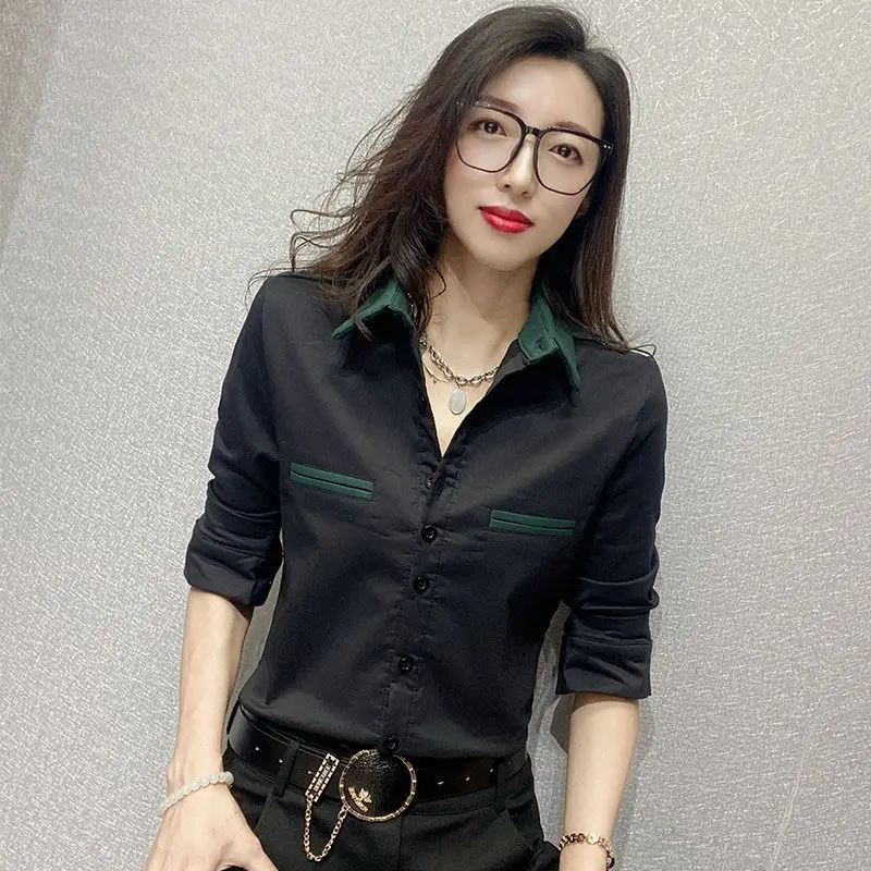 Luxury Fashion Office Lady Women 2024 Spring New Korean Slim Shirt Long Sleeved Lapel Collar Contrasting Colors All-match Tops