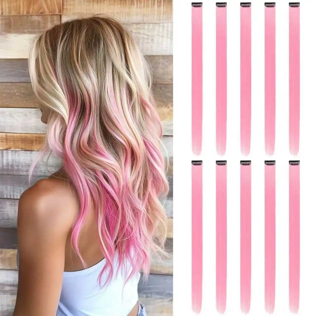 

22 inch Colored Hair Extensions Straight Hairpiece, Colorful Hair Extensions Party Highlights Clip in Long Synthetic Hair Extens