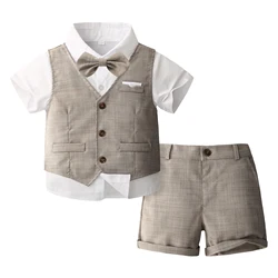 3Pcs Baby Toddler Boys Gentleman Formal Suit Shirt Vest Shorts Sets Christening Bowtie Shirt Waistcoat Shorts Wedding Outfits