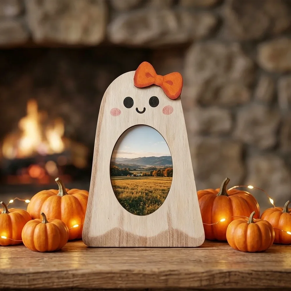 Creative Cute Halloween Ghost Picture Frame Handmade Rustic Pumpkin Shaped Photo Frame Wooden Wooden Crafts Dorm Decor