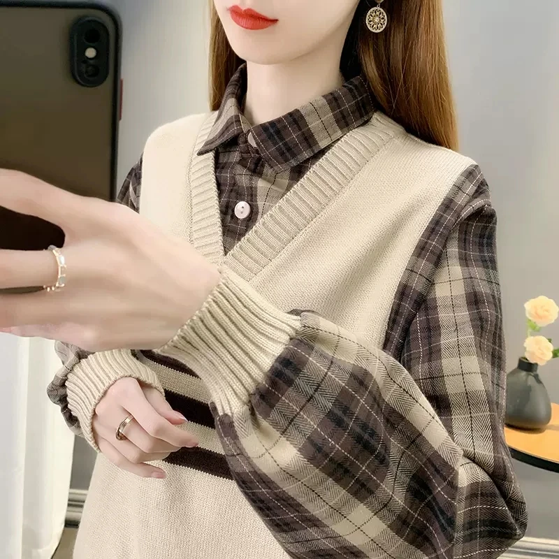 

Women Spring Autumn New Fake Two Pieces Lattice Shirt Ladies Short Knitting Long Sleeved Pullover Coat Female Knitted Jumper