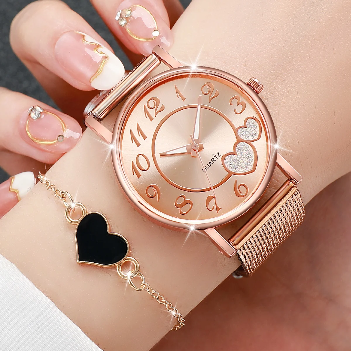 Women's Quartz Watch with Plastic Bracelet, Analog Watches, Caseless Bracelet Set, Heart Dial, Fashion, 2 Pieces Per Set