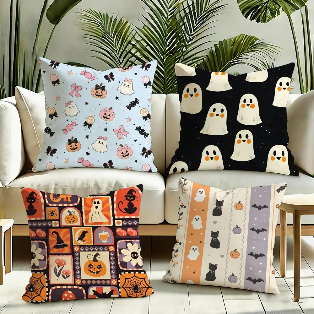 Pastel Ghost Halloween Cute Cushion Cover Reversible Plush Pillow Cover Soft Fluffy  Home Decor for Sofa Bedroom