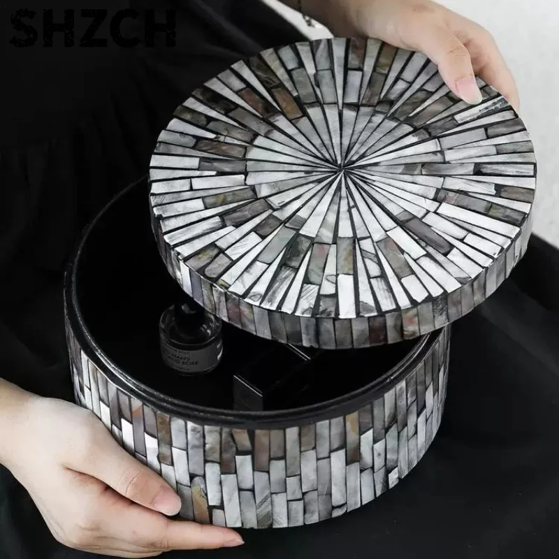 Natural Shell Decoration Box Light Luxury Round Storage Box with Lid Home Vanity Organizer for Earrings Chic Trinket Holder