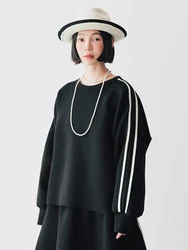 Imagikoni-女性用長袖Tシャツ,ラウンドネックのオリジナルデザインの黒のストライプセーター,秋,244760