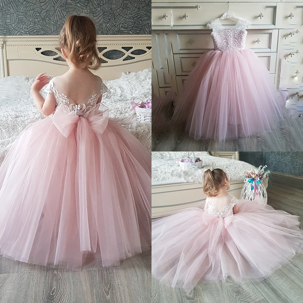 Einfaches hellrosa Blumen mädchen kleid für Hochzeit V-Back Tüll Spitze Applikation Prinzessin Geburtstags feier Kinder Festzug Ballkleid