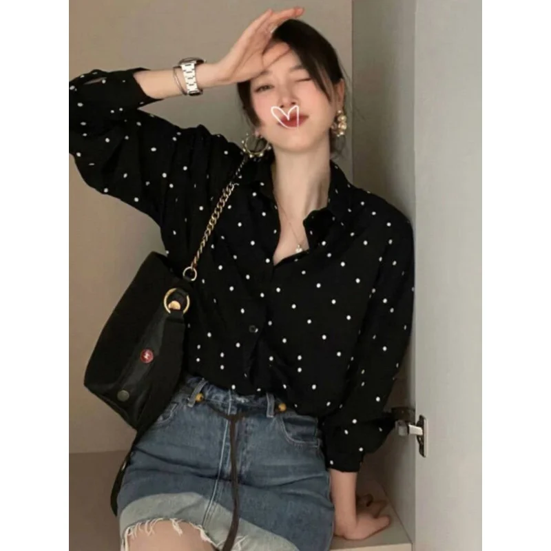 Korean Chic Autumn Retro Hepburn Style Lapel Contrast Color Polka Dot Design Loose Leisure All-Matching Long Sleeve Shirt for Wo