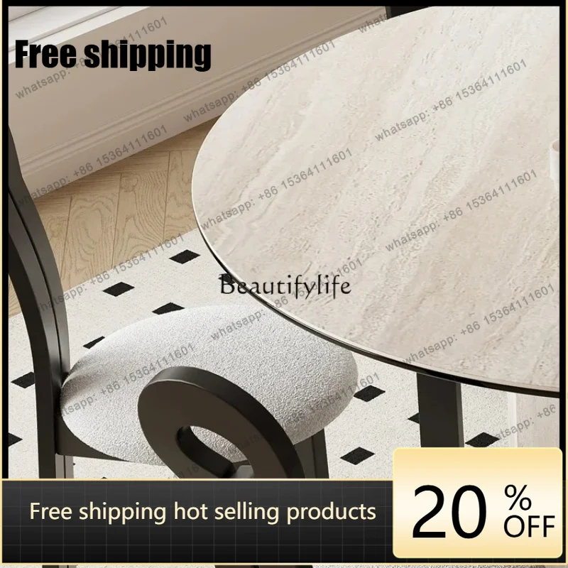 Factory Directls   French retro imported travertine rock slab round dining table household small apartment round table