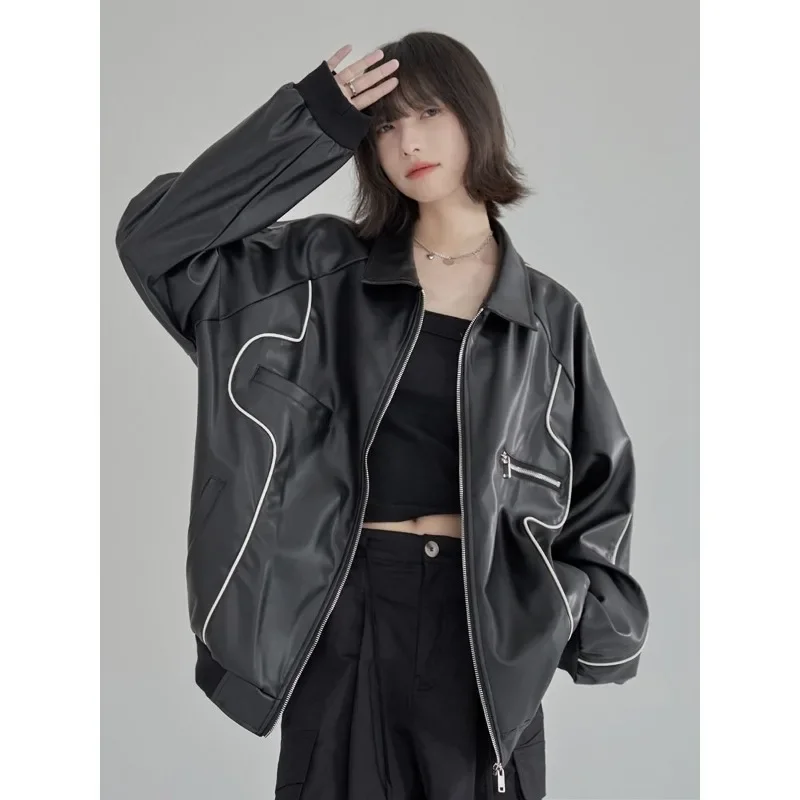 Hikigawa Herbst Streetwear Vintage Lange Hülse Frauen Jacke Casual Chic Fashion Zipper Tops Drehen Unten Kragen Roupas Femininas