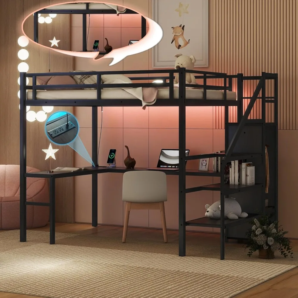 Full XL Size Gaming Loft Bed with L-Shaped Desk, LED and Charging Station, Metal Loft Bed with Wardrobe and Adjustable Shelf