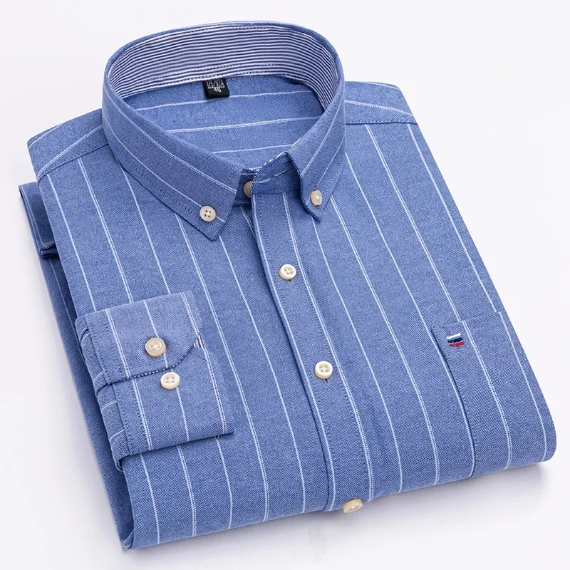 Men Oxford Shirts Cotton Plaid Striped Solid Color Long Sleeve Single Pocket New Fashion Classic Model Casual Business Shirts