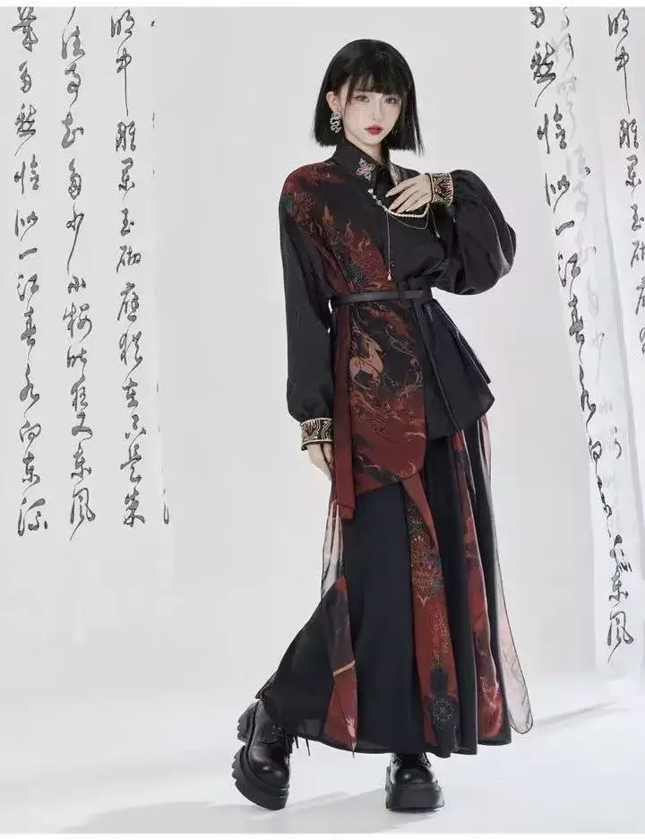 

New Chinese Style Embroidery Shirt Stylish Cool Black Street Skirt Pants Han Niche Bisex Swordsman Costume Men Women Upgraded