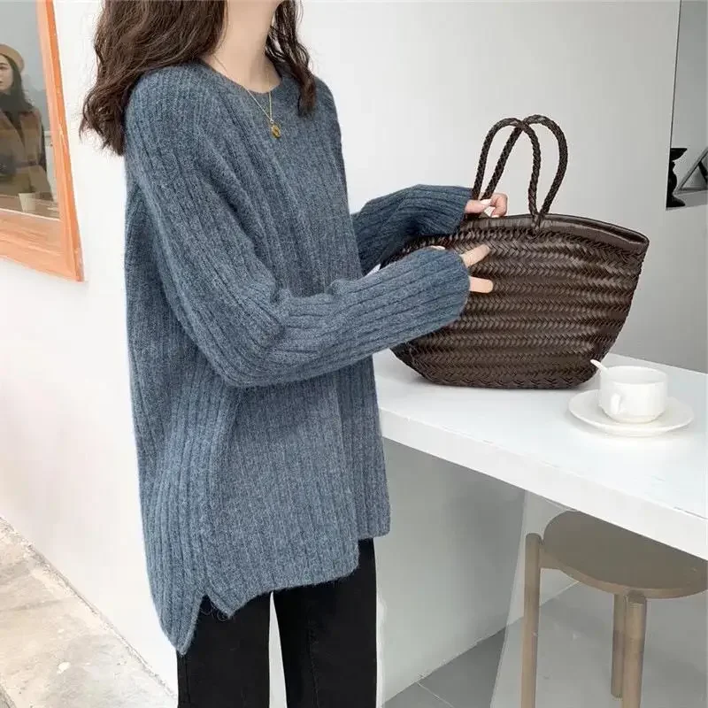 Autumn Winter Women Sweater Sweet Fashion Lazy Wind O-Neck Solid Screw Thread Loose Thicken Loog Sleeve Pullovers Knitted Tops