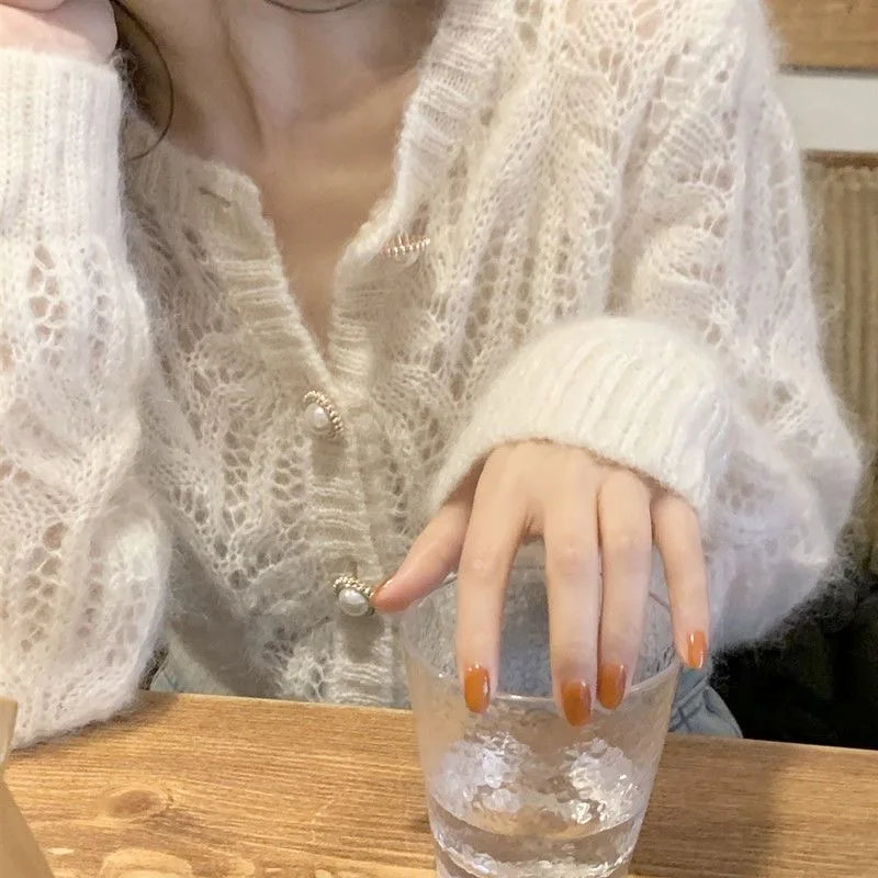 

Весна-лето 202, кардиган из ангоры с жемчугом, женский свободный вязаный топ, белая ажурная куртка для повседневной носки