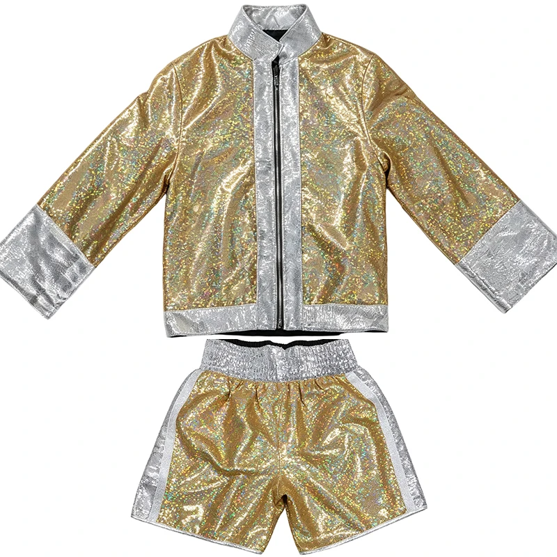 muay-thai-kickboxing-entrance-costume-gold-sequin-long-sleeve-hooded-gown-jacket-top-boxing-shorts-set-mma-competition-outfit