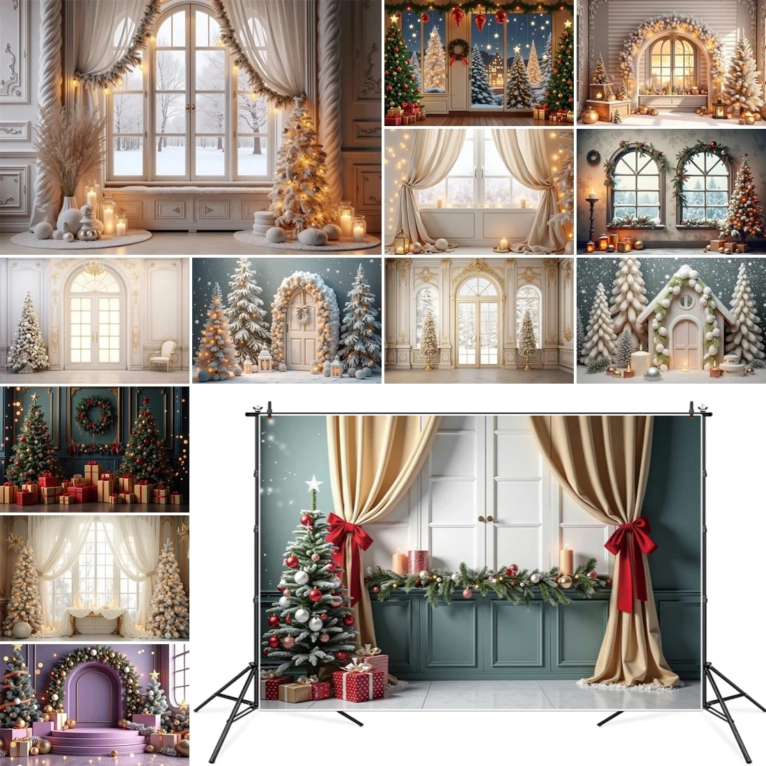 

MOON.QG Indoor Christmas Scenes Backgrounds For Photographs Large Window Trees Gifts Backdrop Accessories Studio Accessories