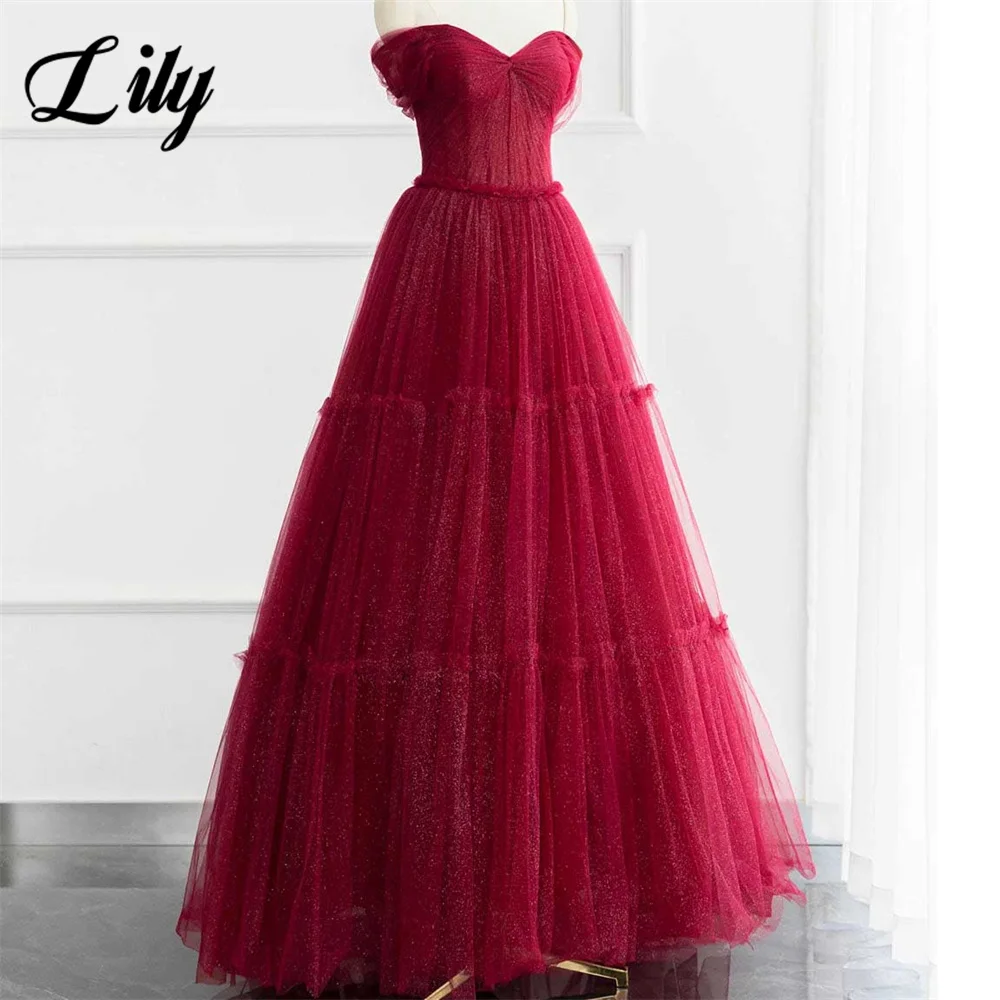 

Lily Red Sweetheart Evening Gown Elegant Off The Shoulder Prom Dress A-Line Layer Wedding Evening Dress with Pleats فساتين سهرة