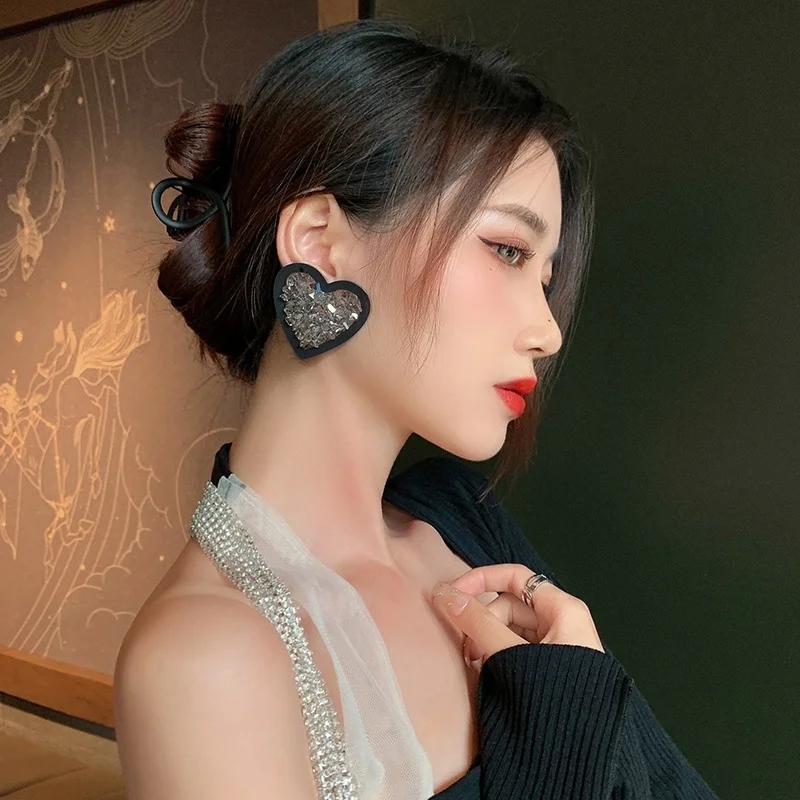 Elegant Black Heart Zircons Dangle Earrings For Women Girls Trendy Popular Diamond Large Black Earring Fashion Jewelry Gifts