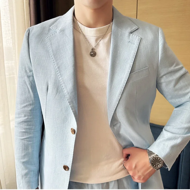 Linen Thin Mens Suit 2 Pieces (Jacket+Pants) Italian Napoli Light Breathable Trendy Jacket Texture Back Double Slit Dress Suit