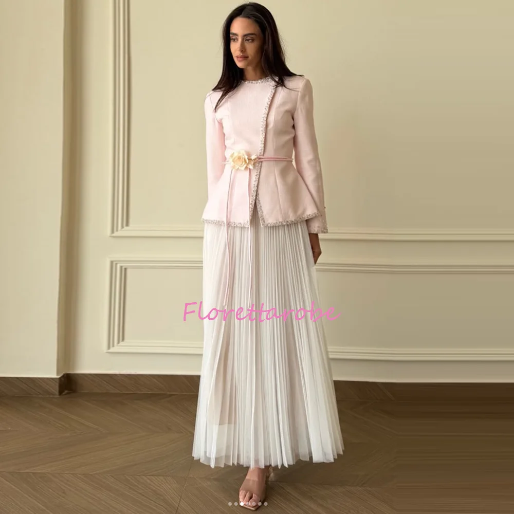 

Women's Customized O-neck Beaded Evening Dress Long Sleeves With Pleats A Line Ankle-Length Elegant Prom Dresses