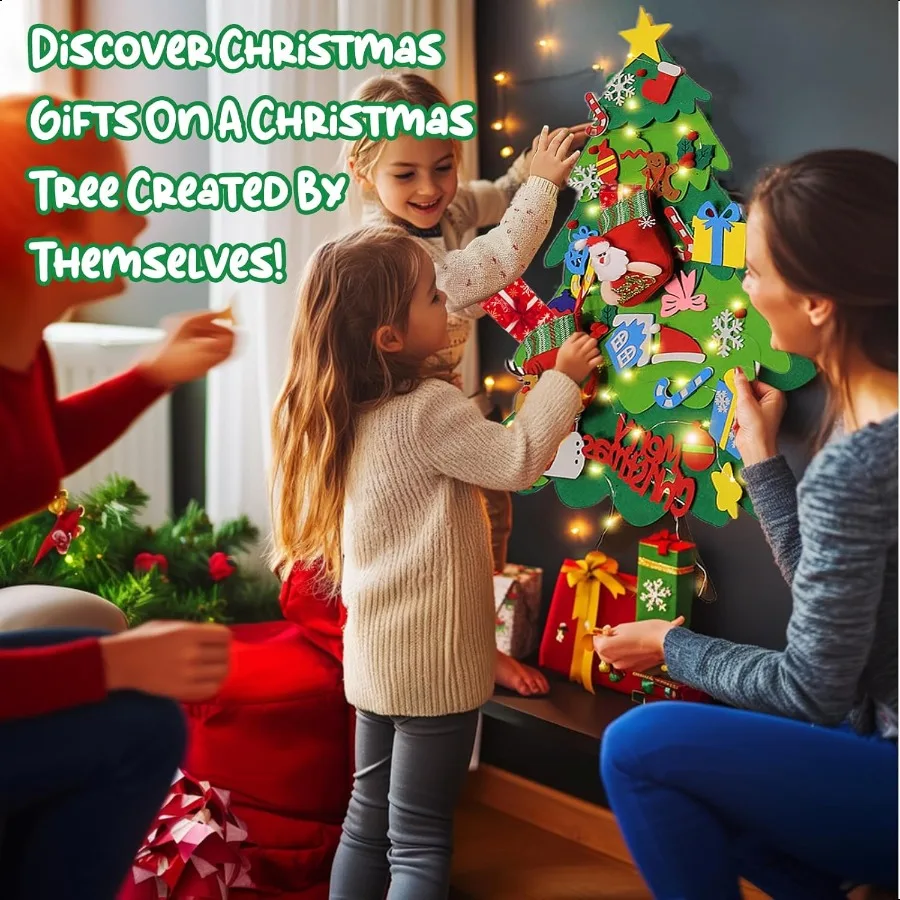 Arbre de noël en feutre pour tout-petits, avec bas de noël, kit de décorations d'ornements muraux suspendus avec guirlandes lumineuses pour
