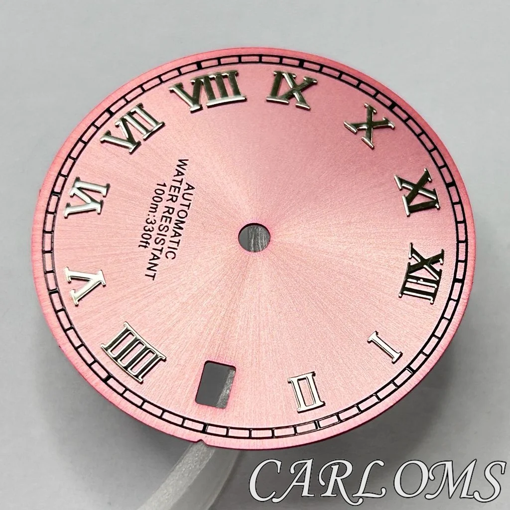 TOP 29mm NH35 NH36 4R35 4R36 Pink Sterile Watch Dial Date At 3 O'clock Case Crown Movement