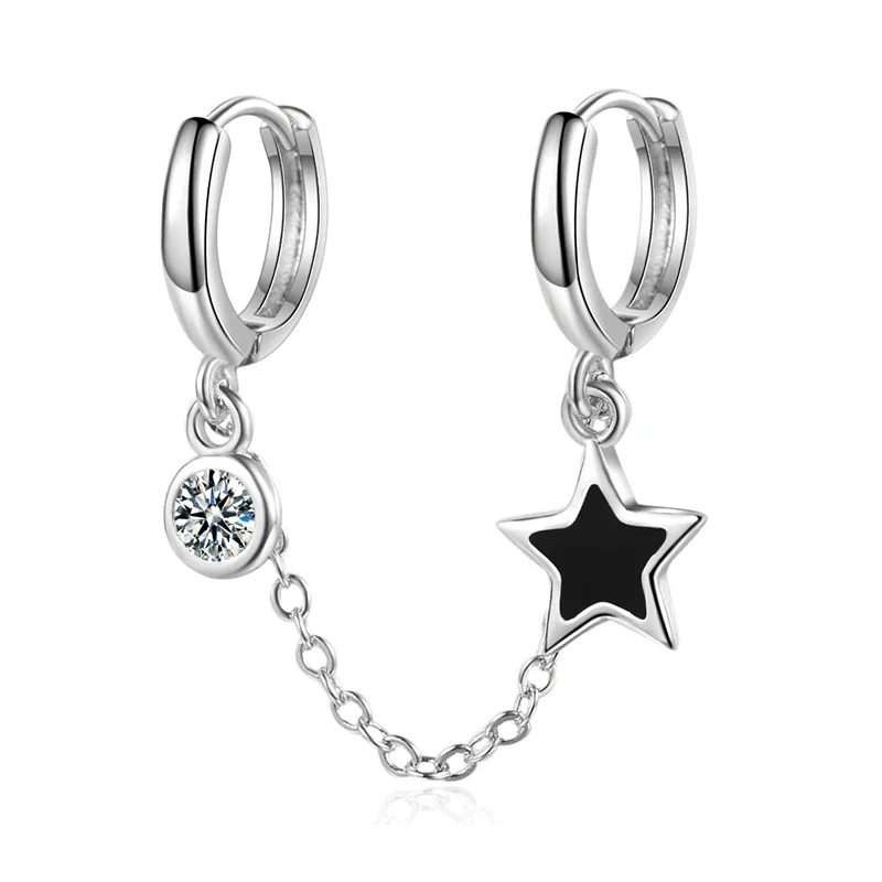 Women's Trendy Two Ear Hole Piercing Hoop Earrings Chain Tassel Black Pentagram Star Crystal Simple Boho Earring Jewelry Gifts