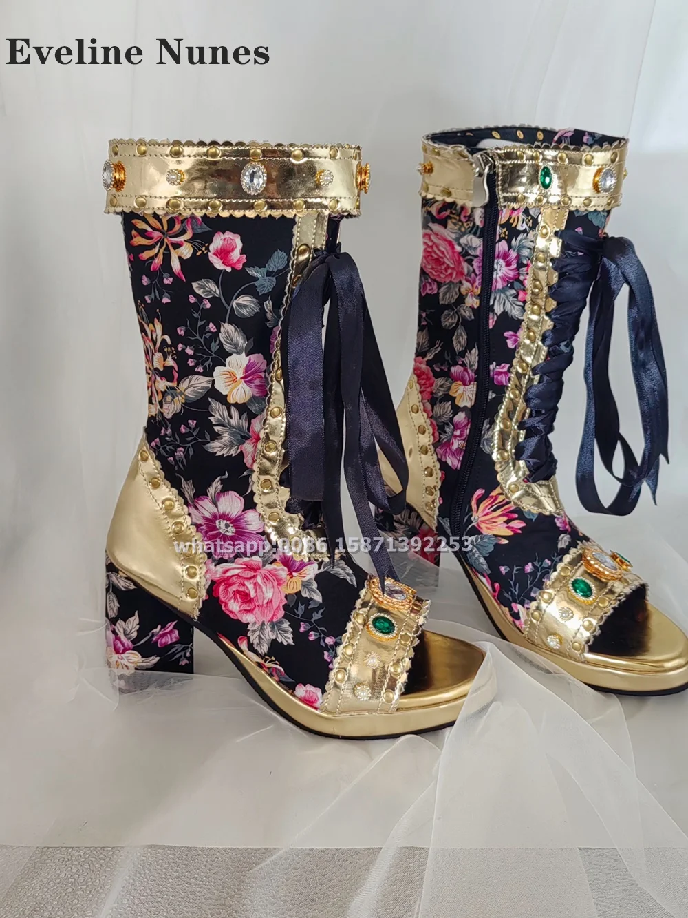 Exaggerated Jewels Peep Toe Luxury Gladiator Zipper Closure Chunky Heels Flower Print Cross Tied Knee-High Boots Plus Size Trend