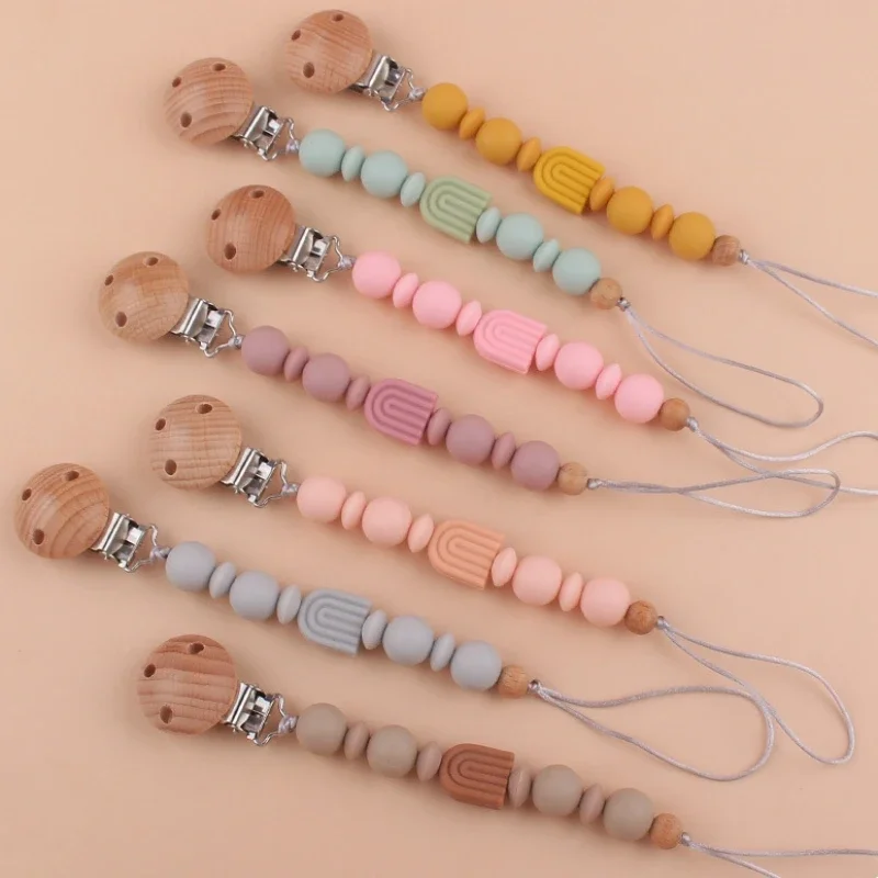 Silicone Rainbow Bead Pacifier Clips Wood Chew Dummy Chain Holder Newborn Soother Chains Nipple Holder Baby Teething Toys Gifts