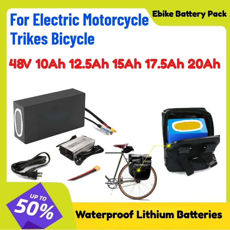 

48V 10Ah 12.5Ah 15Ah 17.5Ah 20Ah EScooter Ebike Battery Pack Waterproof Lithium Batteries for Electric Motorcycle Trikes Bicycle