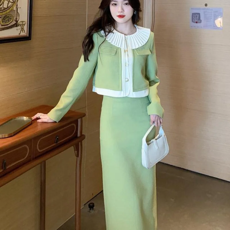 Xiaoxiangfeng Outfits Women's French Fashion Style Charm Doll Neck Long Sleeve Coat High Waist Half Skirt Two Piece Set