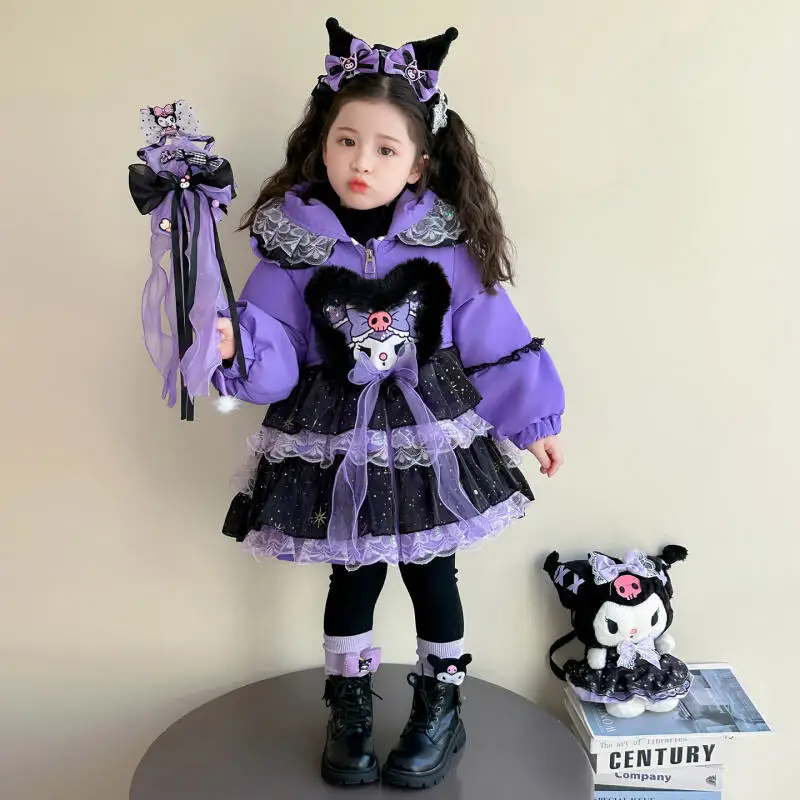 

Anime Kuromi Girl Lolita Cotton Jacket Winter Children's Thick Warm Fashionable Hooded Jacket Bow Decoration Cotton Sweet Jacket