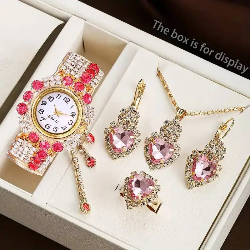 5 قطعة/المجموعة أزياء النساء الساعات الفاخرة حجر الراين قابل للتعديل الإسورة السيدات كوارتز ساعة اليد طقم مجوهرات Reloj Mujer (بدون صندوق)