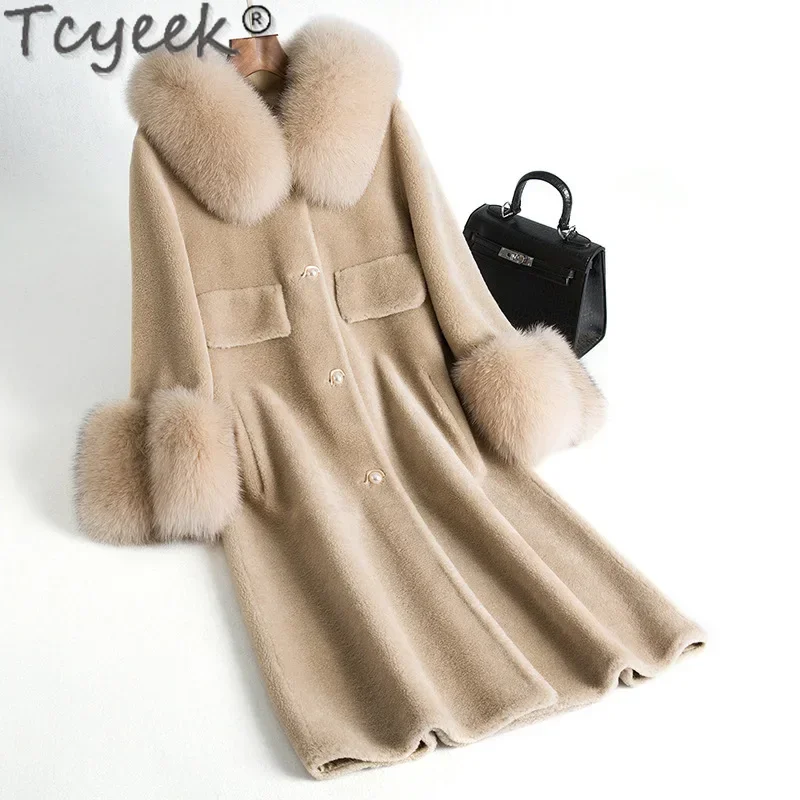 Tcyeek 100% Wool Jacket Warm Fox Fur Collar Fashion Sheep Shearling Coat Winter Jackets for Women Mid-length Women's Fur Coat