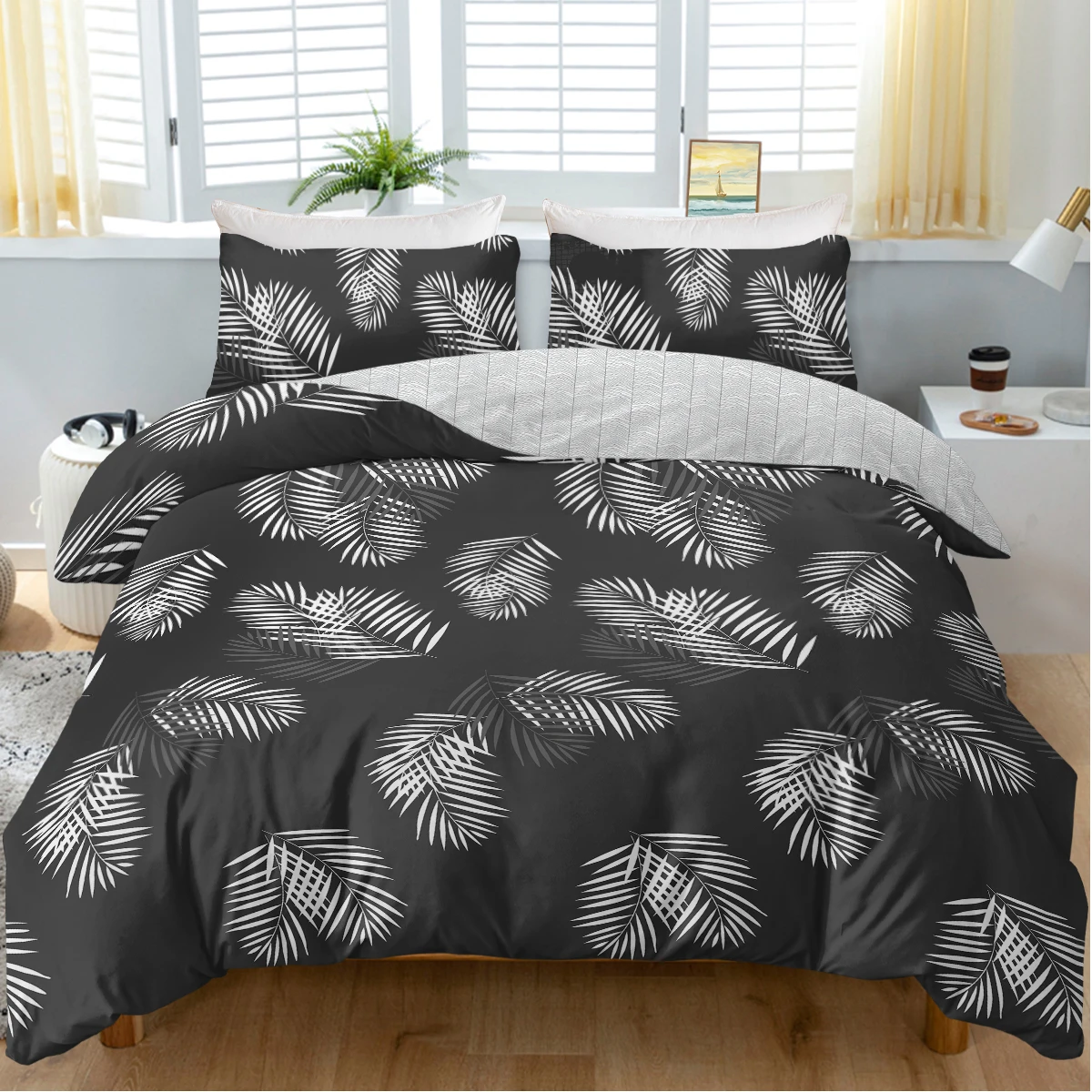 3PCS Duvet Cover Set, Botanical Floral Leaf Nautical Print Soft Bedding Set, Soft Decor Bedroom Duvet Cover With Pillowcases