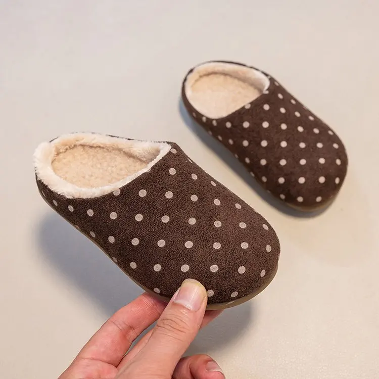 Retro Polka Dot Wrap-top Flat-bottom Slippers. Children's Winter Padded Warm-soled Comfortable Non-slip Home Slippers