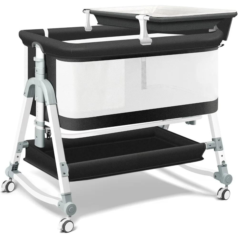 

4 in 1 Bedside Bassinet for Baby, Portable Baby Bassinet with Wheels, Baby Crib with Changing Station, Mattress Included and Sto