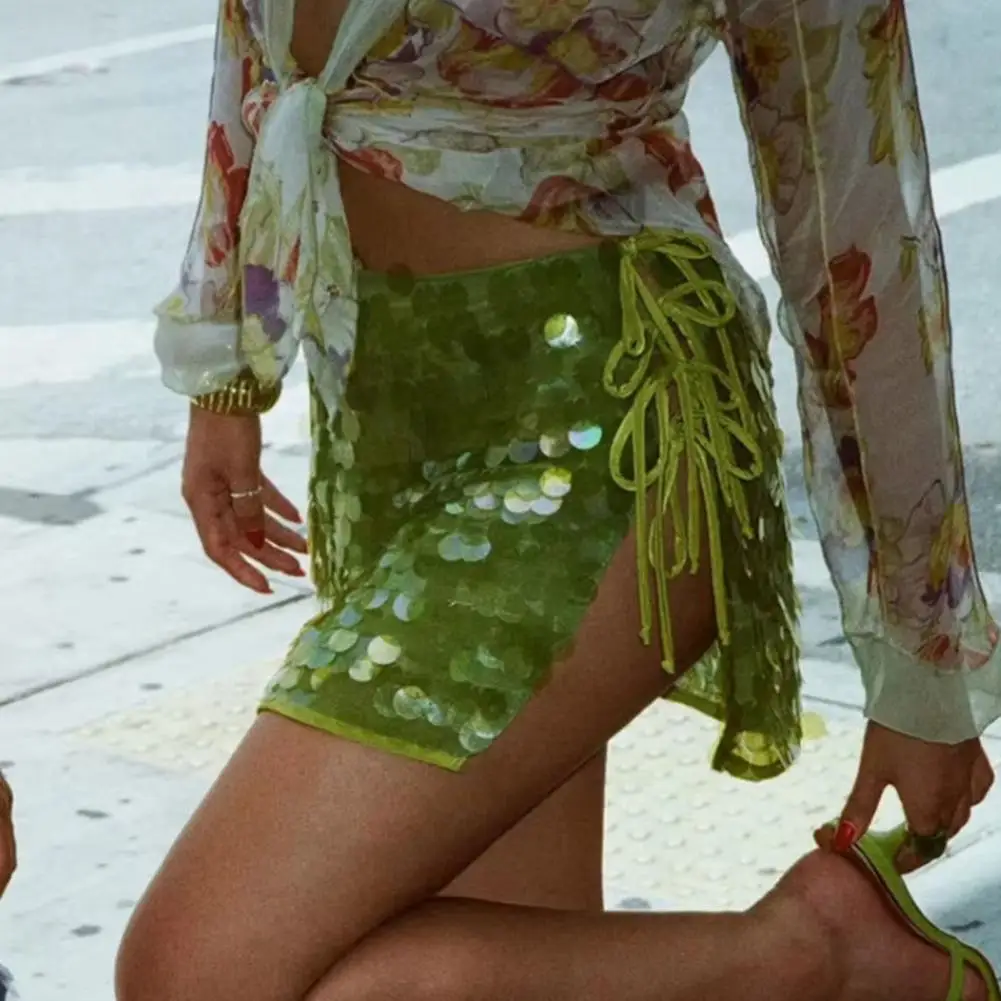 Женская юбка Сверкающая мини-юбка с пайетками и высокой талией на шнуровке Сексуальная вечерняя юбка для женщин с запахом для кокетливого дизайна