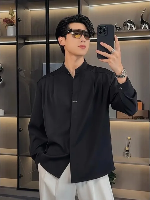 

Korean Style Black Stand Collar Long Sleeve Shirt Men's High End Feelings Hair Stylist Drapey Shirt Standard Fit Four Seasons
