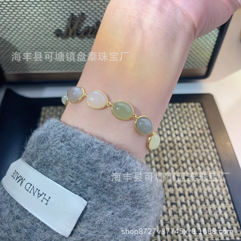 Factory Wholesale Natural Hetian Jade Fresh Duobao Design Bracelet 925 Silver Inlaid