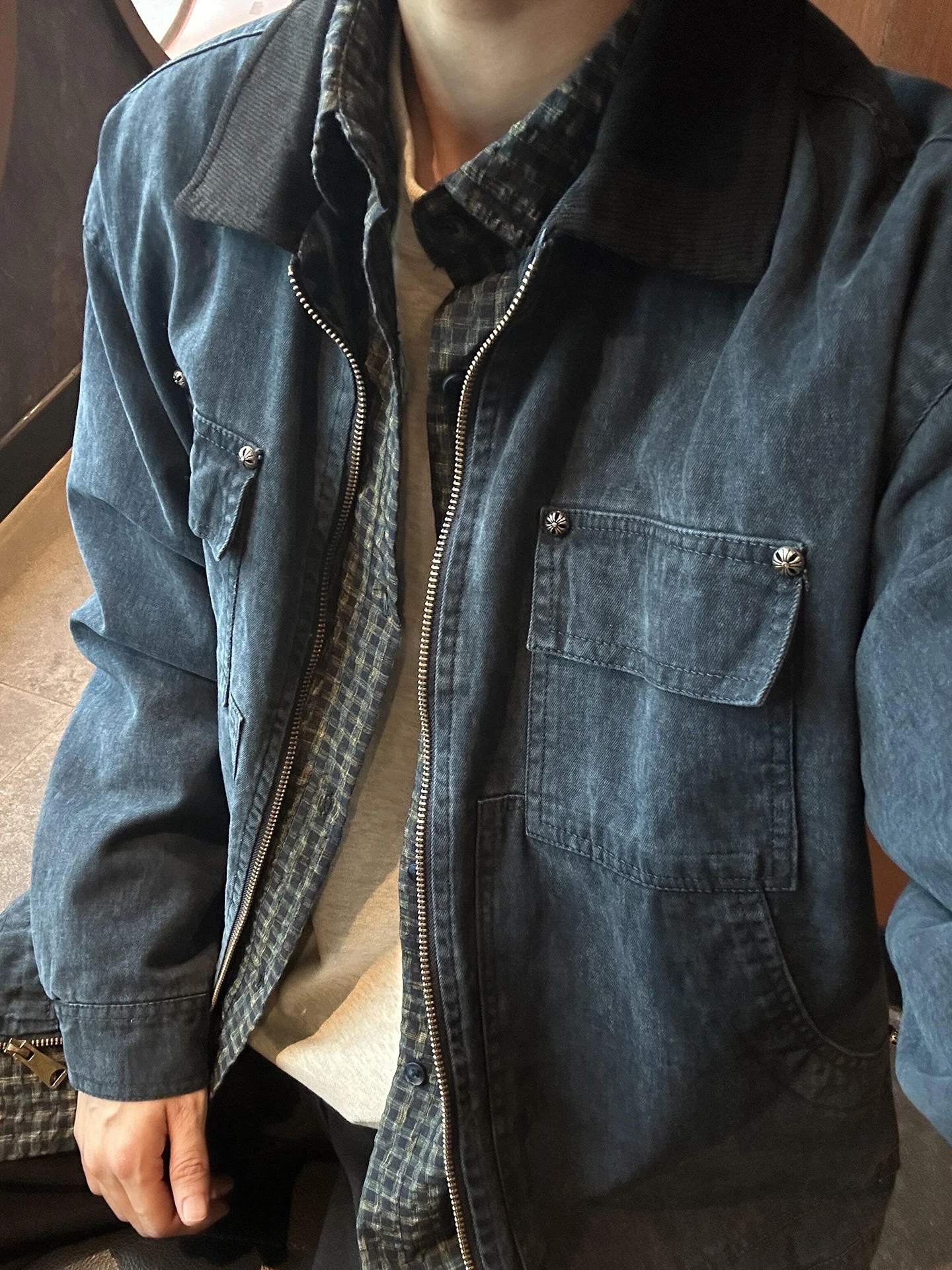 

Waed Blue Detroit Workwear Jaet Men's Autumn American Retro Canvas Denim Jaet Loose Fit Wear Resistant Long Sve Zipper