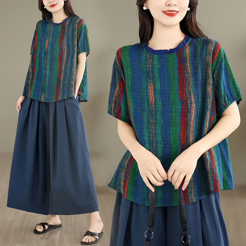 

Summer New Nine-Five Wide Leg Pants Set Loose Fit Thin Shirt Two-Piece Set Women's Casual Striped Loose Top Bottoms Ensemble