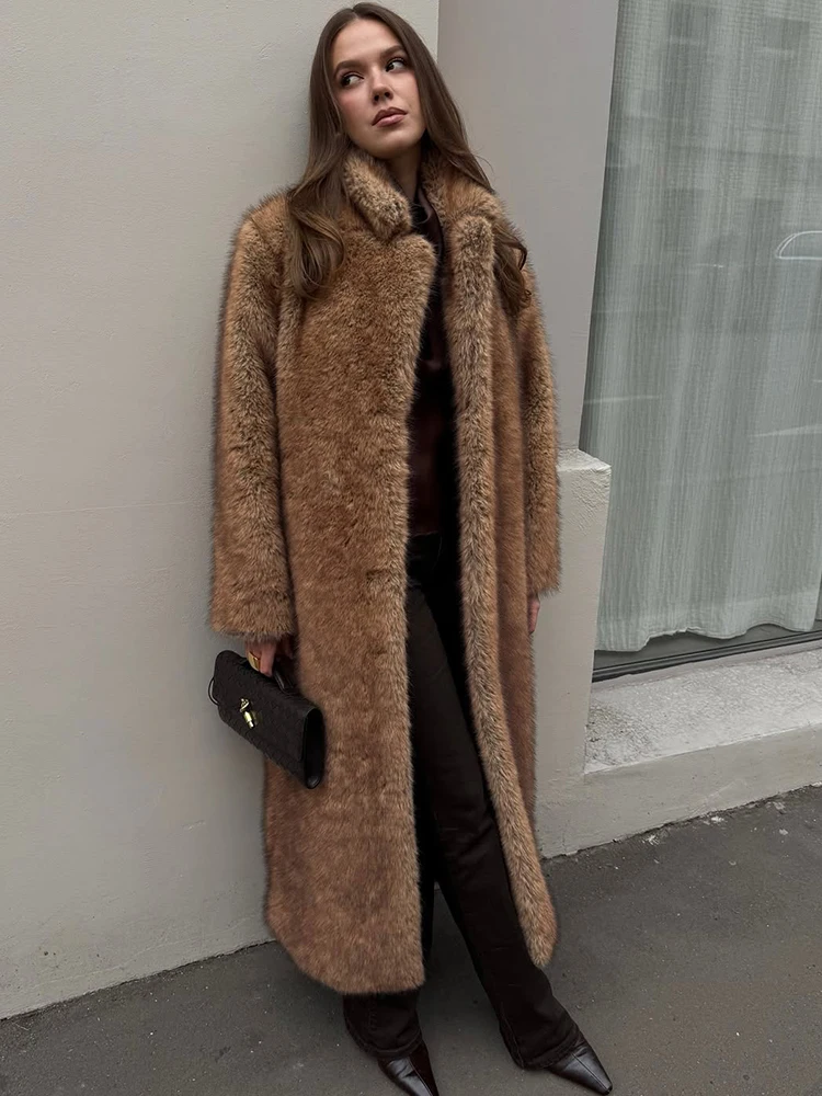 

Tuularose Fashion Mixed Color Lapel Collar Woman Coat Elegant Full Sleeve Loose Overcoat Winter Lady High Street Faux Fur Jacket